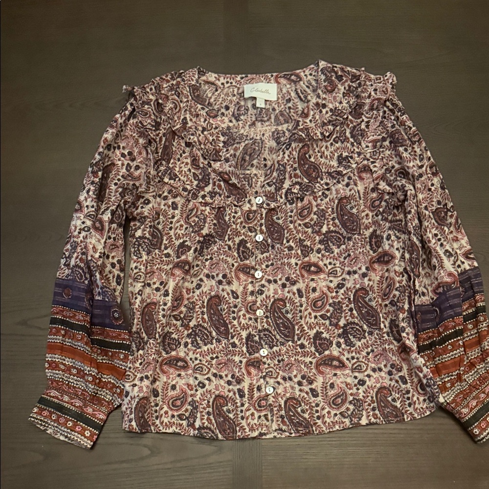 Cleobella | Anthropologie Bohemian Paisley Blouse in Purple and Brown